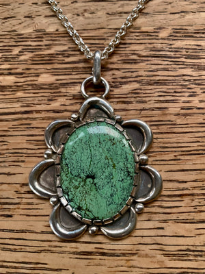 Open image in slideshow, Handmade Silver and Light Green Turquoise Oval Necklace with Flower Design by Bob Summers Silversmith
