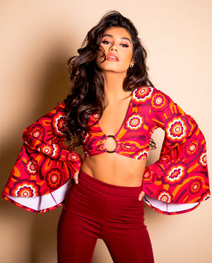 Open image in slideshow, Disco Ring Top with Flare Sleeves in Red Retro Flowers
