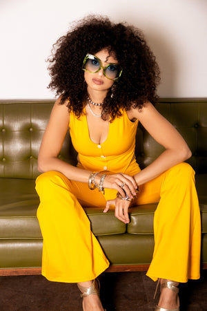 Open image in slideshow, Retro Vest Top and Highwaist Bell Bottoms Pants Set in Yellow
