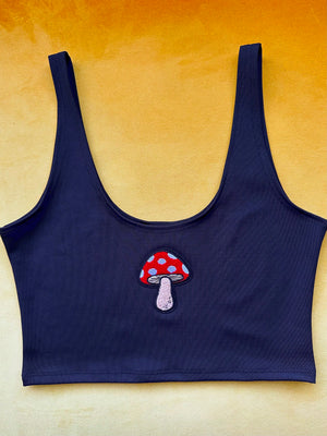Open image in slideshow, Crop Tank with Mushroom Patch in Black
