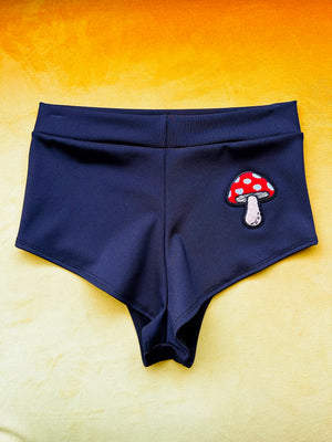 Open image in slideshow, Highwaist Cheeky Shorts in Stretch Lycra with Mushroom Patch

