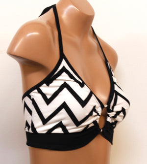 Halter Bralette with Center Ring in Black and Ivory Chevron