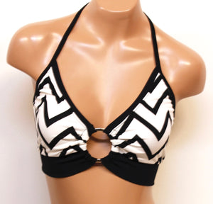 Halter Bralette with Center Ring in Black and Ivory Chevron