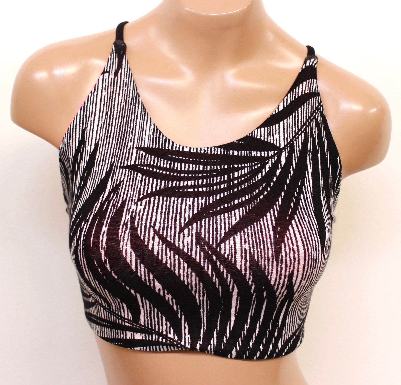 Ready to Ship! Muheeka Black and White Reversible PALM LEAF Print TOP, Crop Top, Open Back, Tank Top, Lace-Up, Stripes, Neon Pink