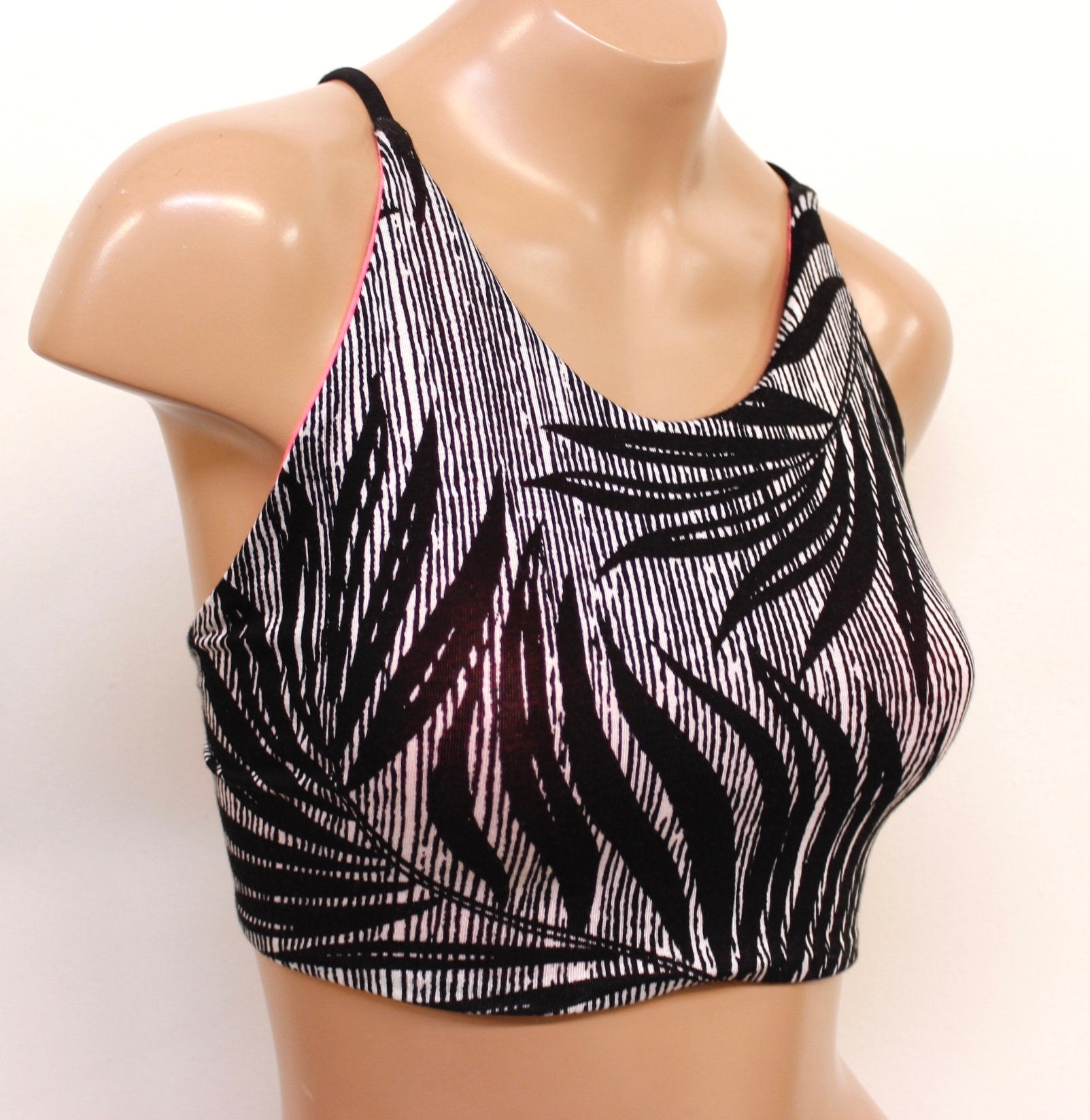Ready to Ship! Muheeka Black and White Reversible PALM LEAF Print TOP, Crop Top, Open Back, Tank Top, Lace-Up, Stripes, Neon Pink