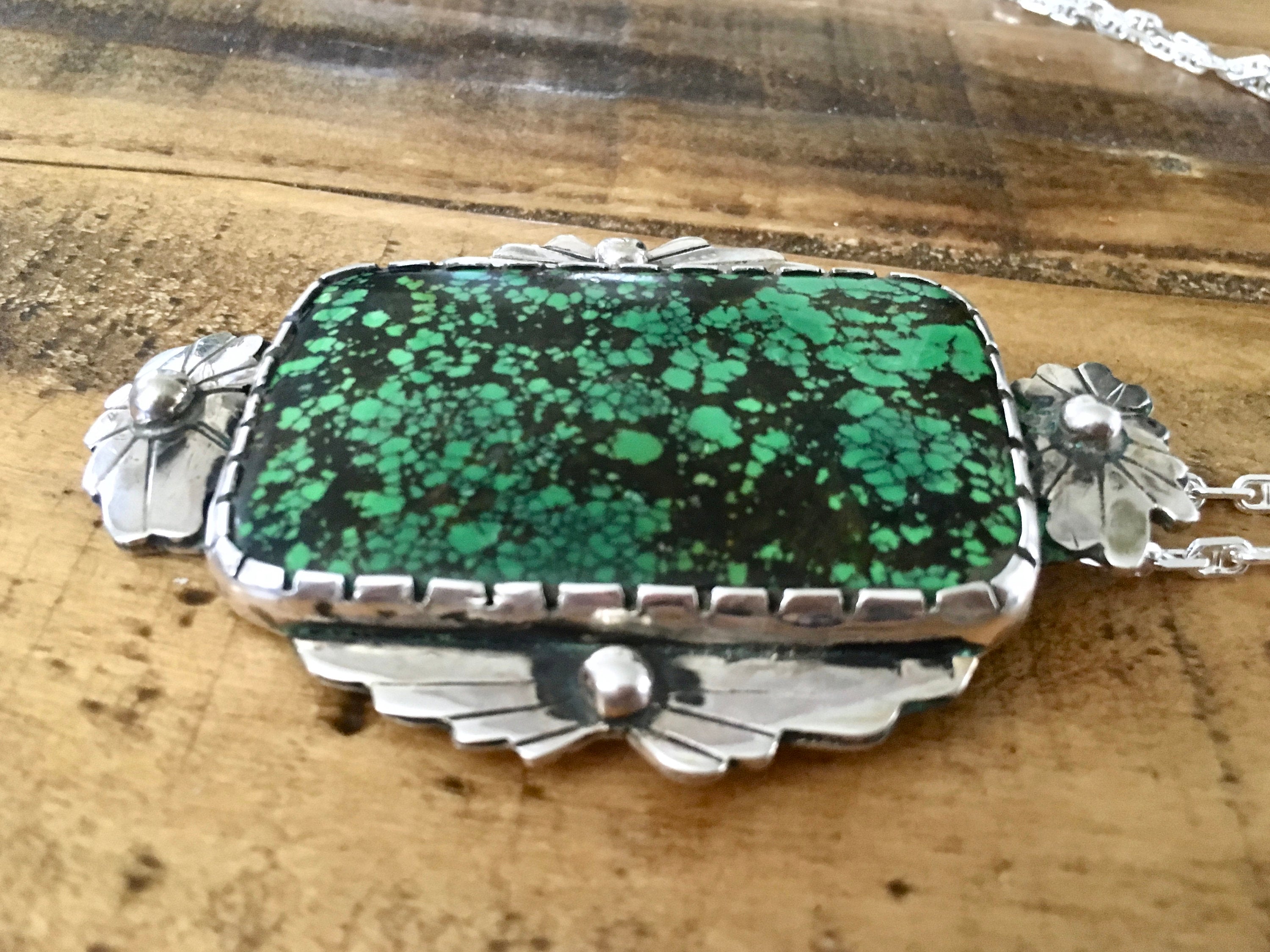 Sterling Silver GREEN TURQUOISE PENDANT, Green Spiderweb Matrix Necklace, Handmade by Bob Summers Silversmith