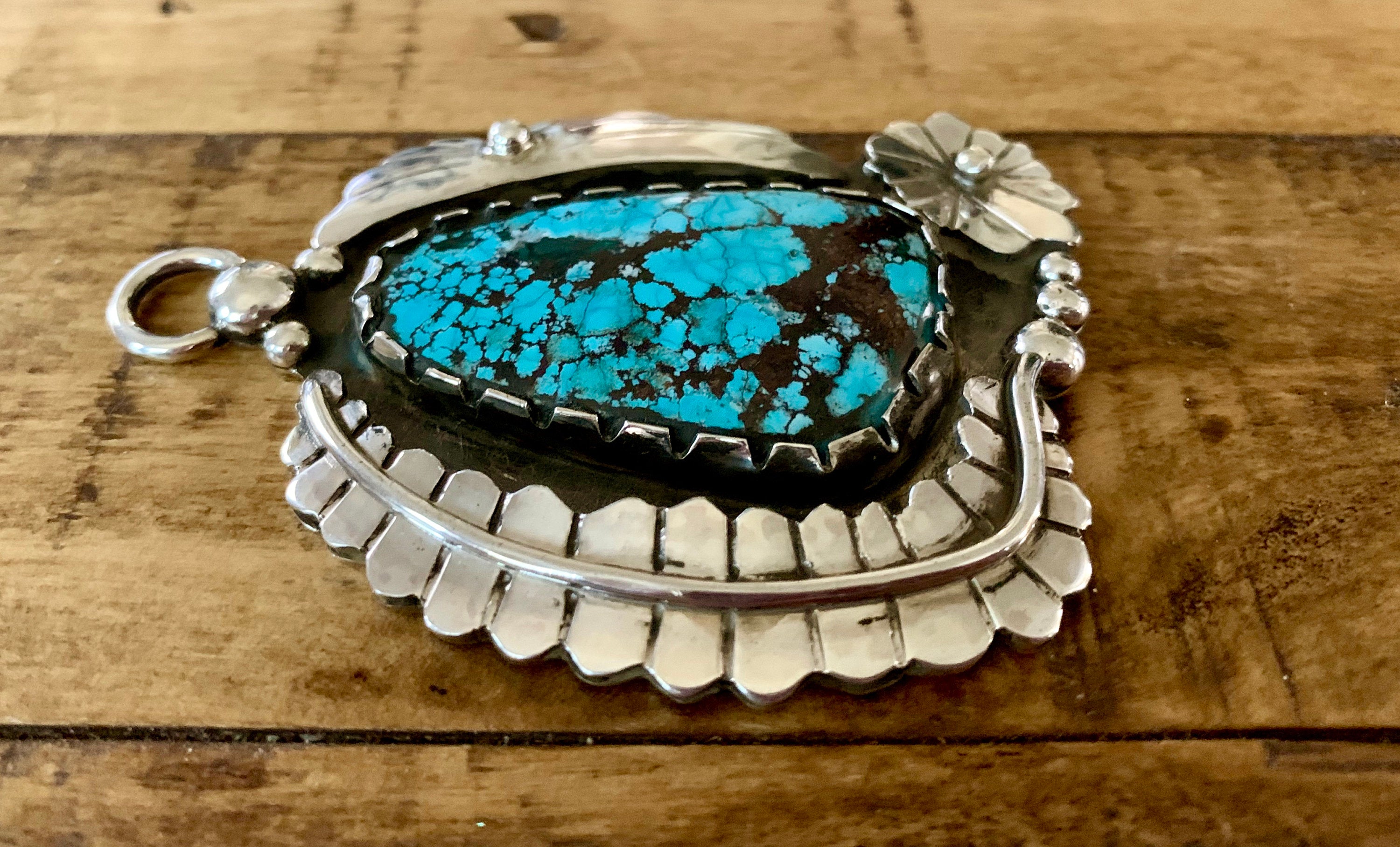 Muheeka Sterling Silver LARGE TURQUOISE PENDANT, Blue Turquoise w Leaf and Flowers, Handmade by Bob Summers Silversmith