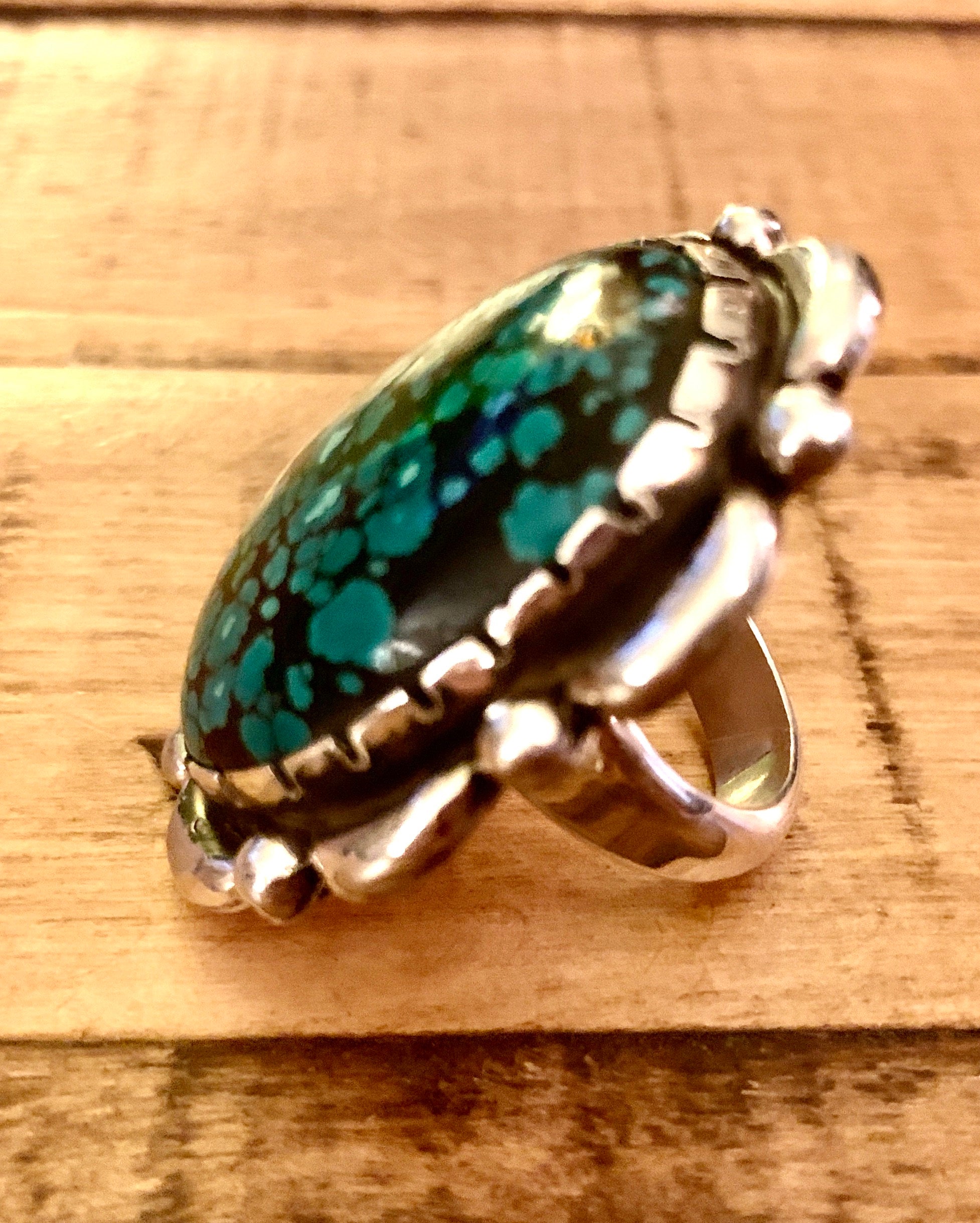 Sterling Silver BLUE TURQUOISE RING Sz 7, Dark Blue Turquoise Stone with Crescents, Handmade by Bob Summers Silversmith