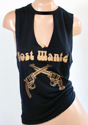 'MOST WANTED' Sleeveless Tee in Black with Antique Gold