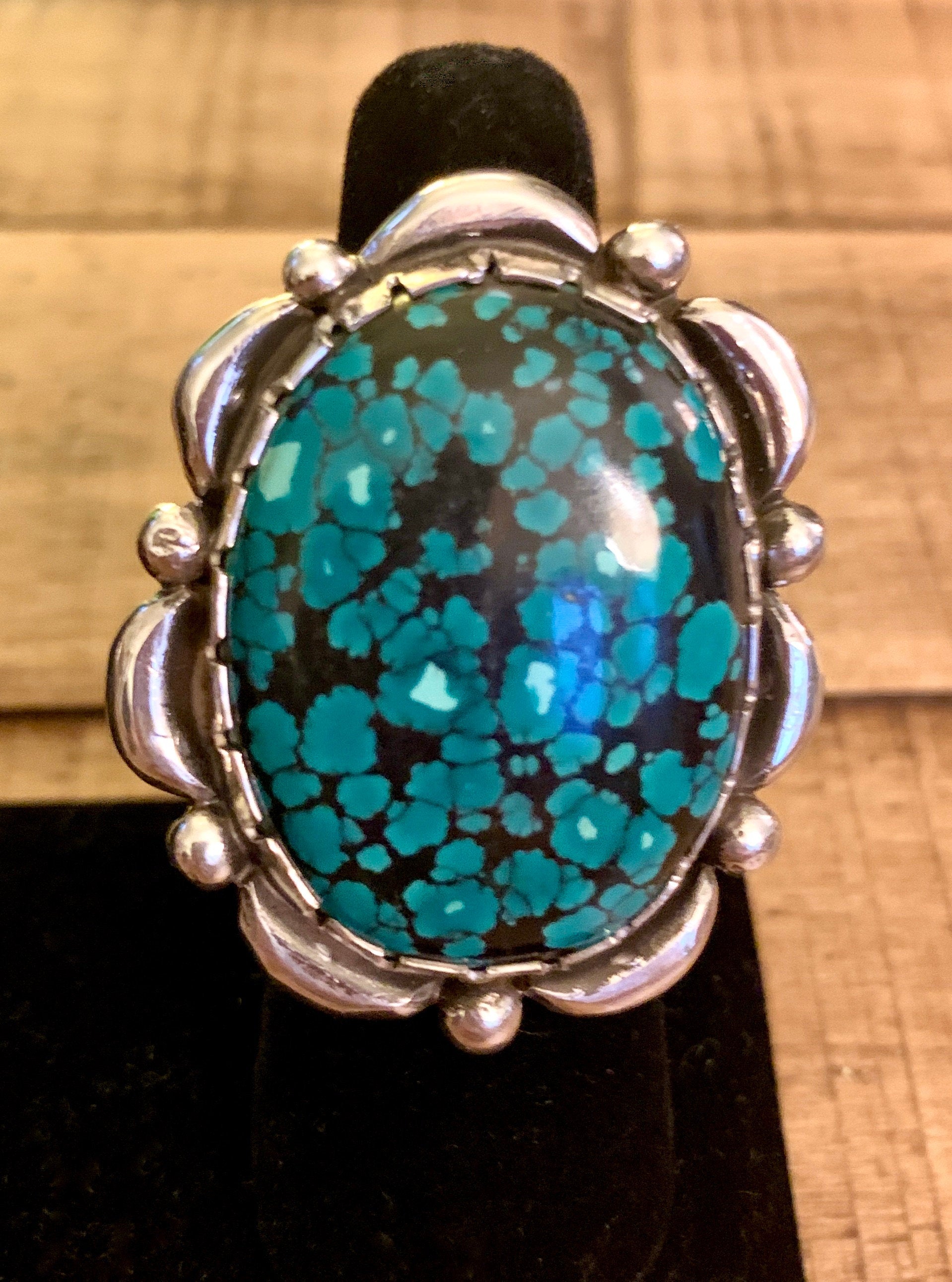 Sterling Silver BLUE TURQUOISE RING Sz 7, Dark Blue Turquoise Stone with Crescents, Handmade by Bob Summers Silversmith