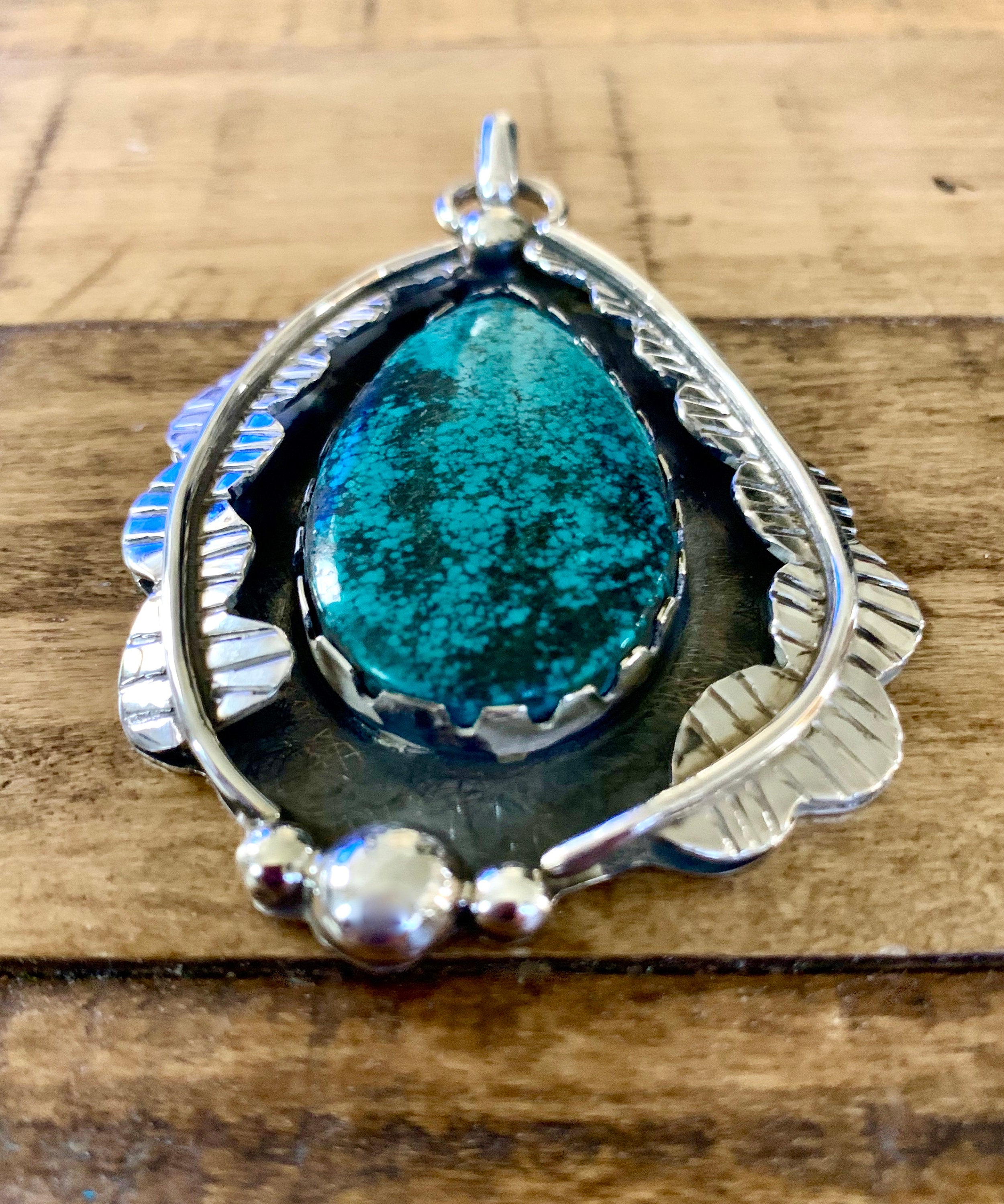 Muheeka Sterling Silver TEARDROP TURQUOISE PENDANT, Blue Green Turquoise with Feather Motifs and Flower, Handmade by Bob Summers Silversmith