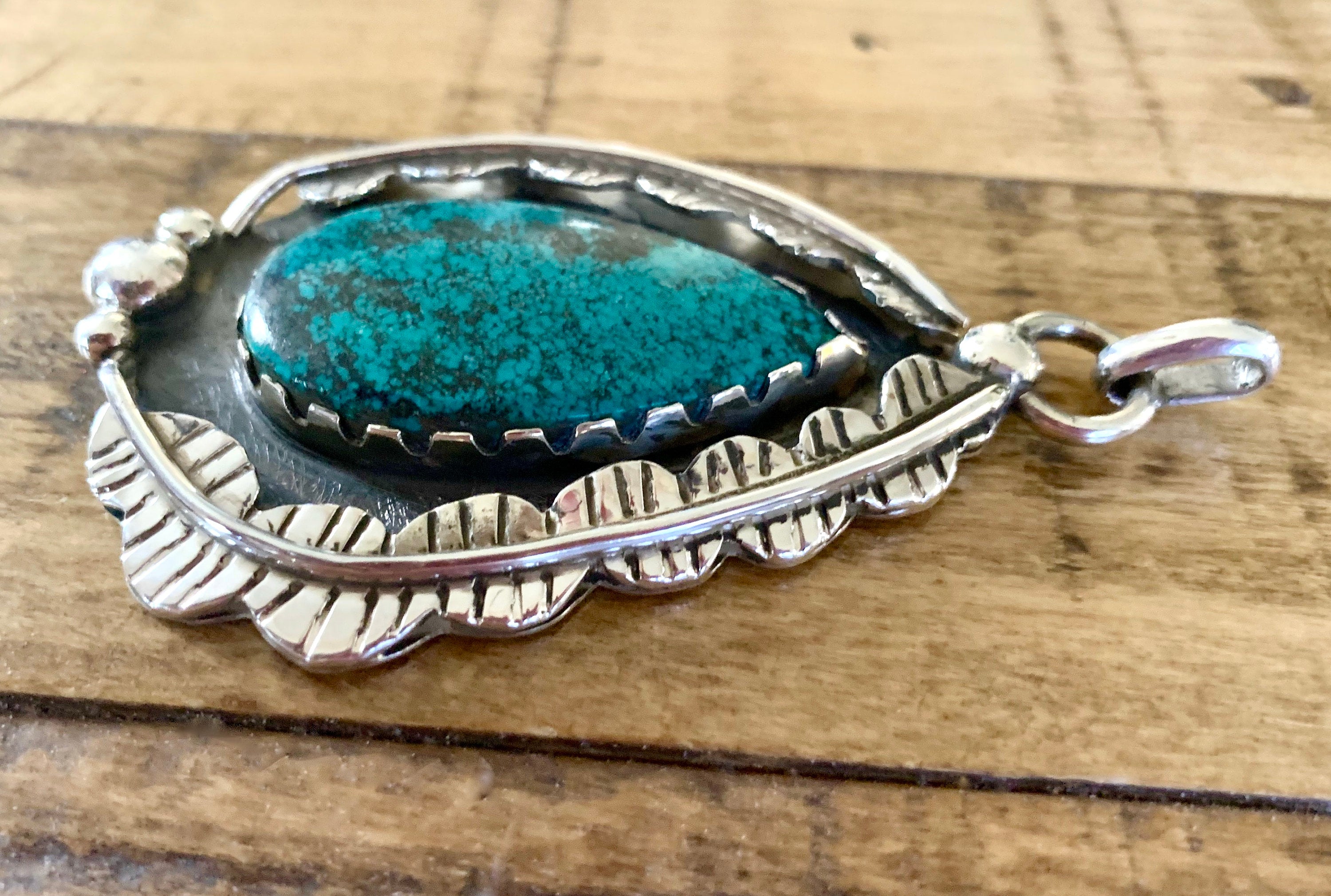 Muheeka Sterling Silver TEARDROP TURQUOISE PENDANT, Blue Green Turquoise with Feather Motifs and Flower, Handmade by Bob Summers Silversmith